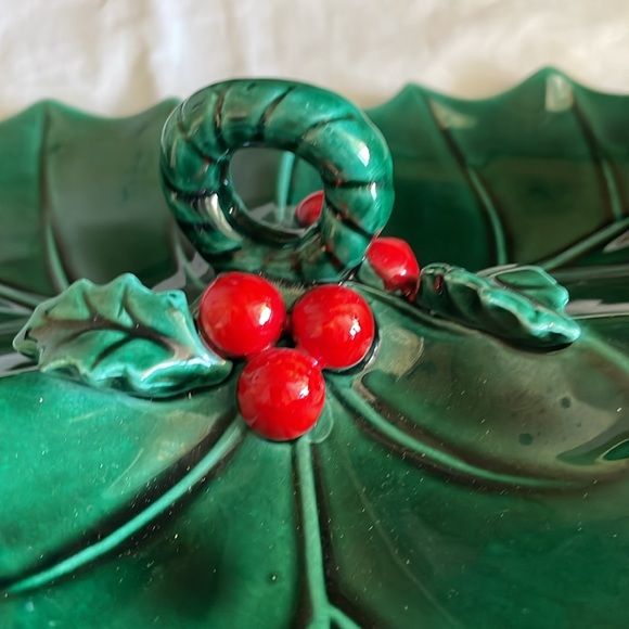 Vintage beautiful Lefton China #1351 Japan handled divided holly berry dish - Picture 4 of 8